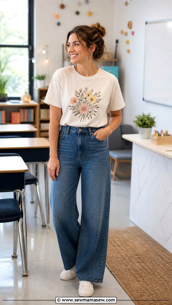 Wide Leg Jeans With Graphic Tee And Sneakers Outfit - 40 Spring teacher outfits