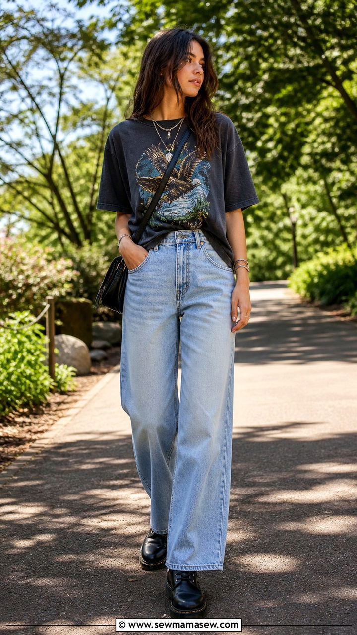 Wide Leg Jeans With Graphic Tee - 40 wide leg jeans outfits