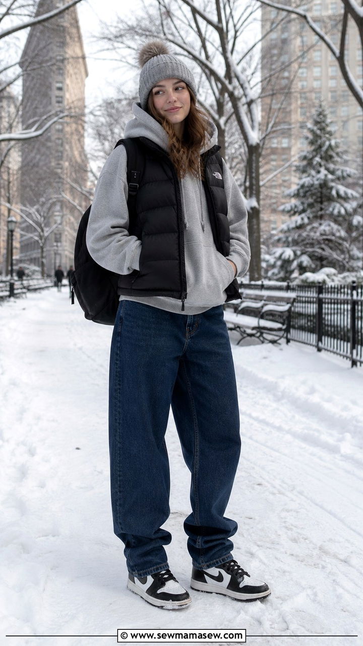 Wide Leg Jeans With Hoodie And Puffer Vest - 40 wide leg jeans outfit ideas