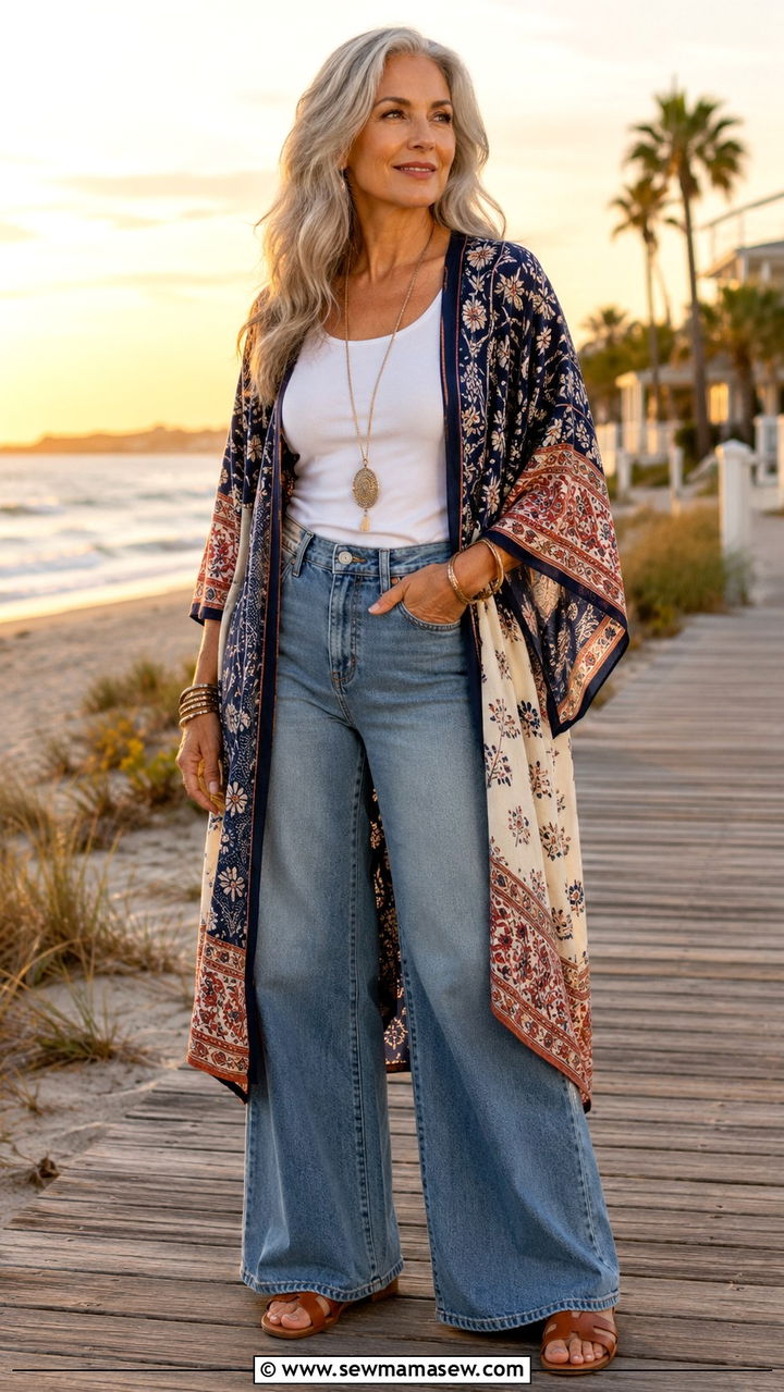 Wide Leg Jeans With Kimono Outfit - 20 How to style wide leg jeans over 60