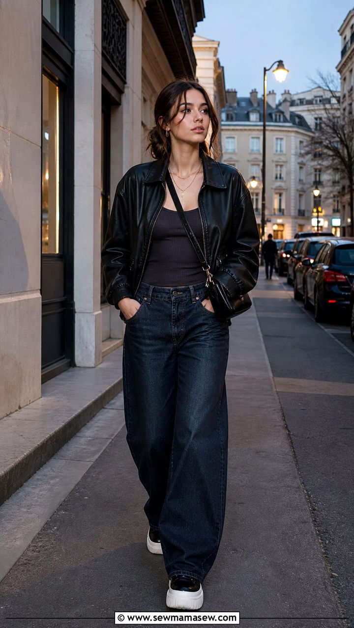 Wide Leg Jeans With Leather Bomber Jacket - 40 wide leg jeans outfits