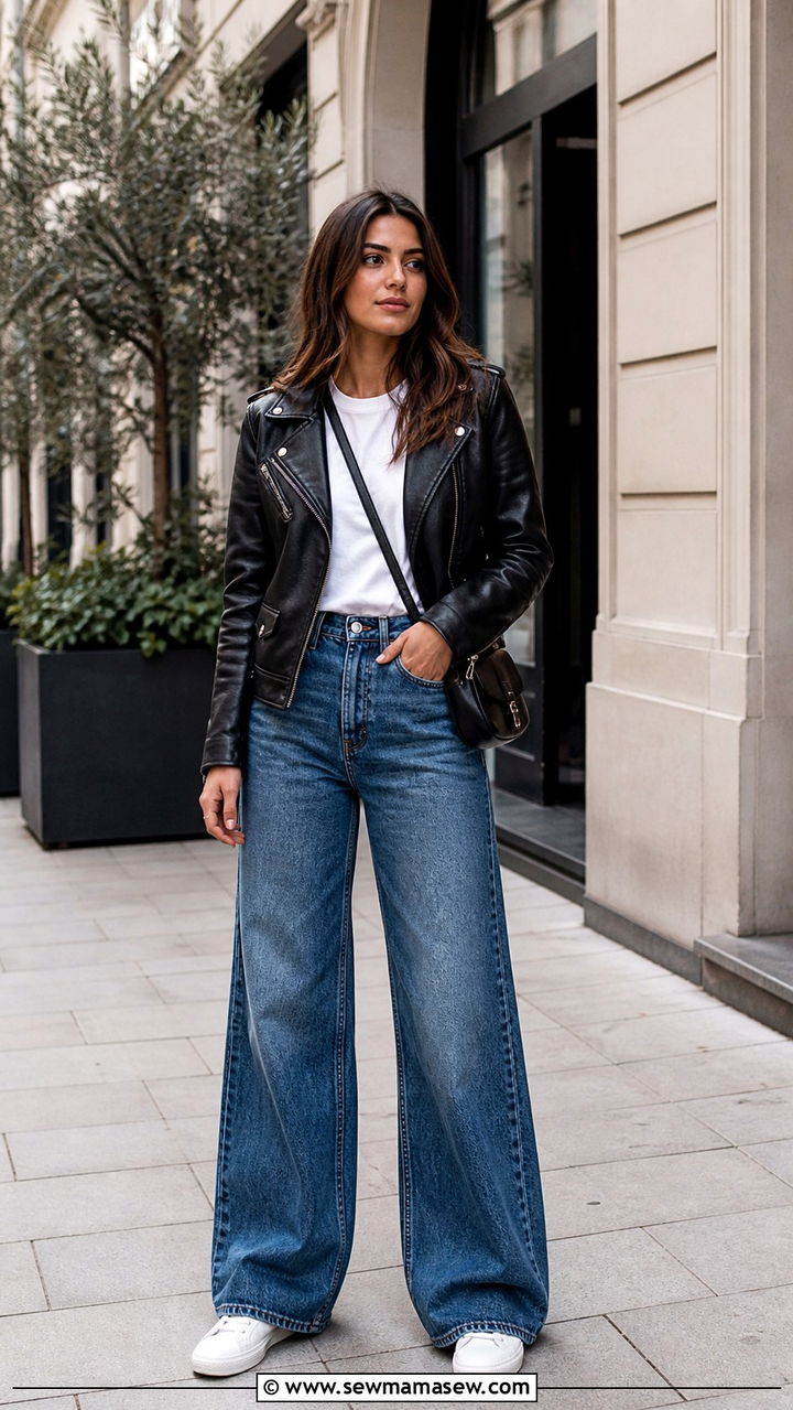 Wide Leg Jeans With Leather Jacket And White Tee - 40 summer jeans outfit ideas