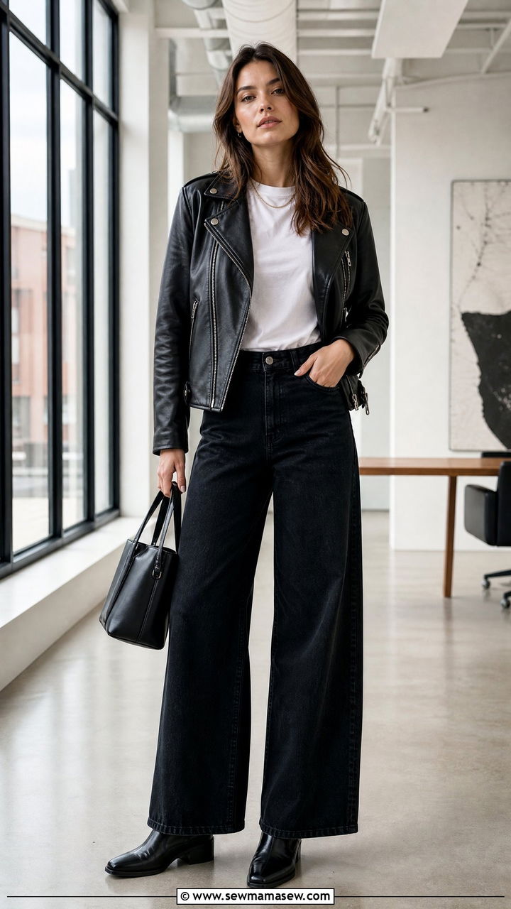 Wide Leg Jeans With Leather Moto Jacket and Chelsea Boots Office Look - 25 How to style wide leg jeans for work