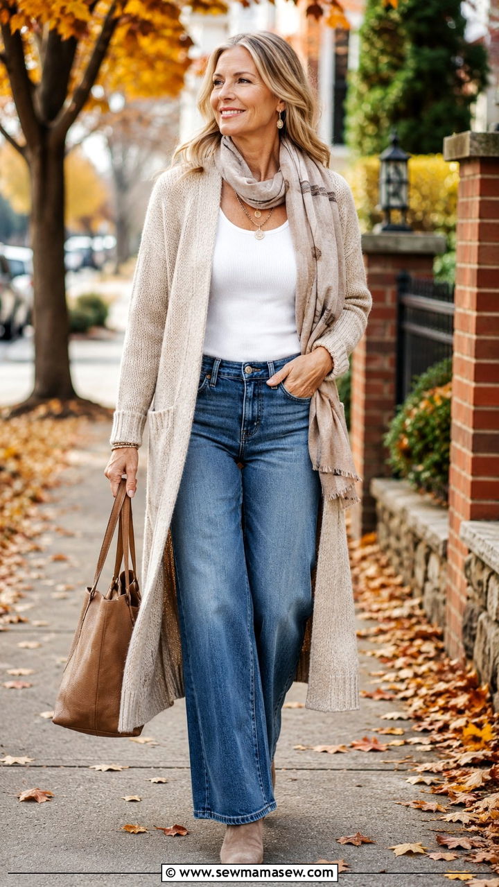 Wide Leg Jeans With Long Cardigan Outfit - 20 How to style wide leg jeans over 60