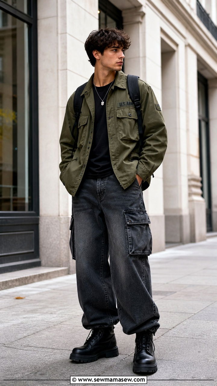 Wide Leg Jeans With Military Shirt And Combat Boots - 40 wide leg jeans outfit ideas