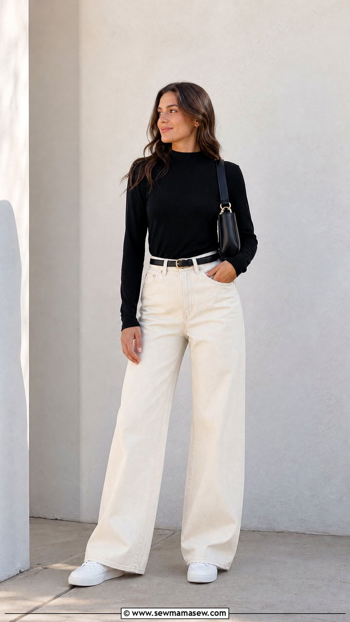 Wide Leg Jeans With Mock Neck Long Sleeve Tee - 40 wide leg jeans outfits