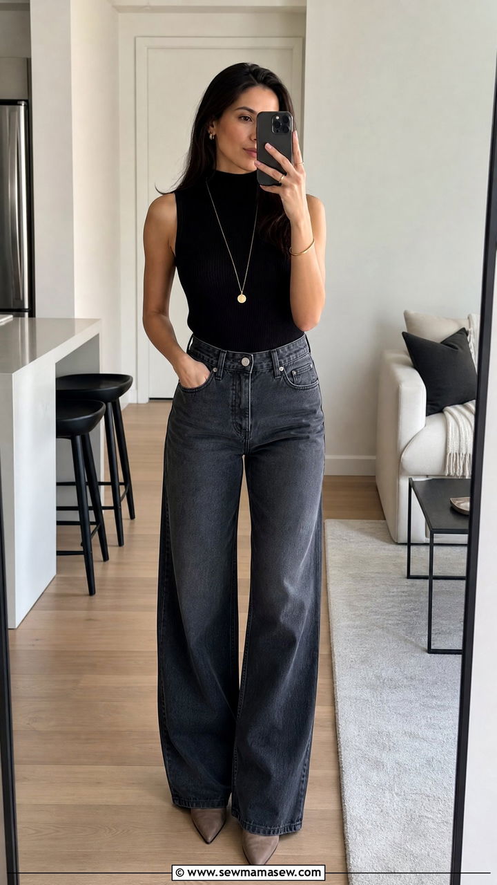 Wide Leg Jeans With Mock Neck Top and Pointed Boots Office Outfit - 25 How to style wide leg jeans for work