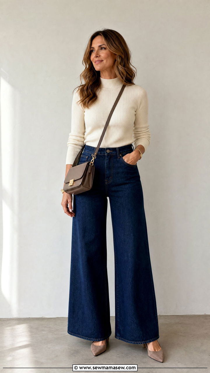 Wide Leg Jeans With Mock Neck Top - 35 jeans outfits for women over 40