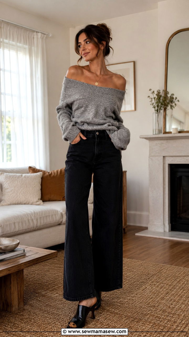 Wide Leg Jeans With Off Shoulder Sweater And Mules - 25 wide leg jeans outfits 2026