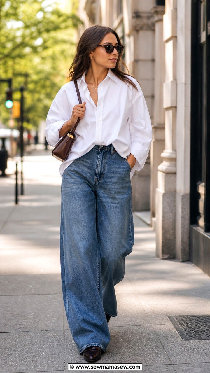 Wide Leg Jeans With Oversized Button Down Shirt - 40 wide leg jeans outfits