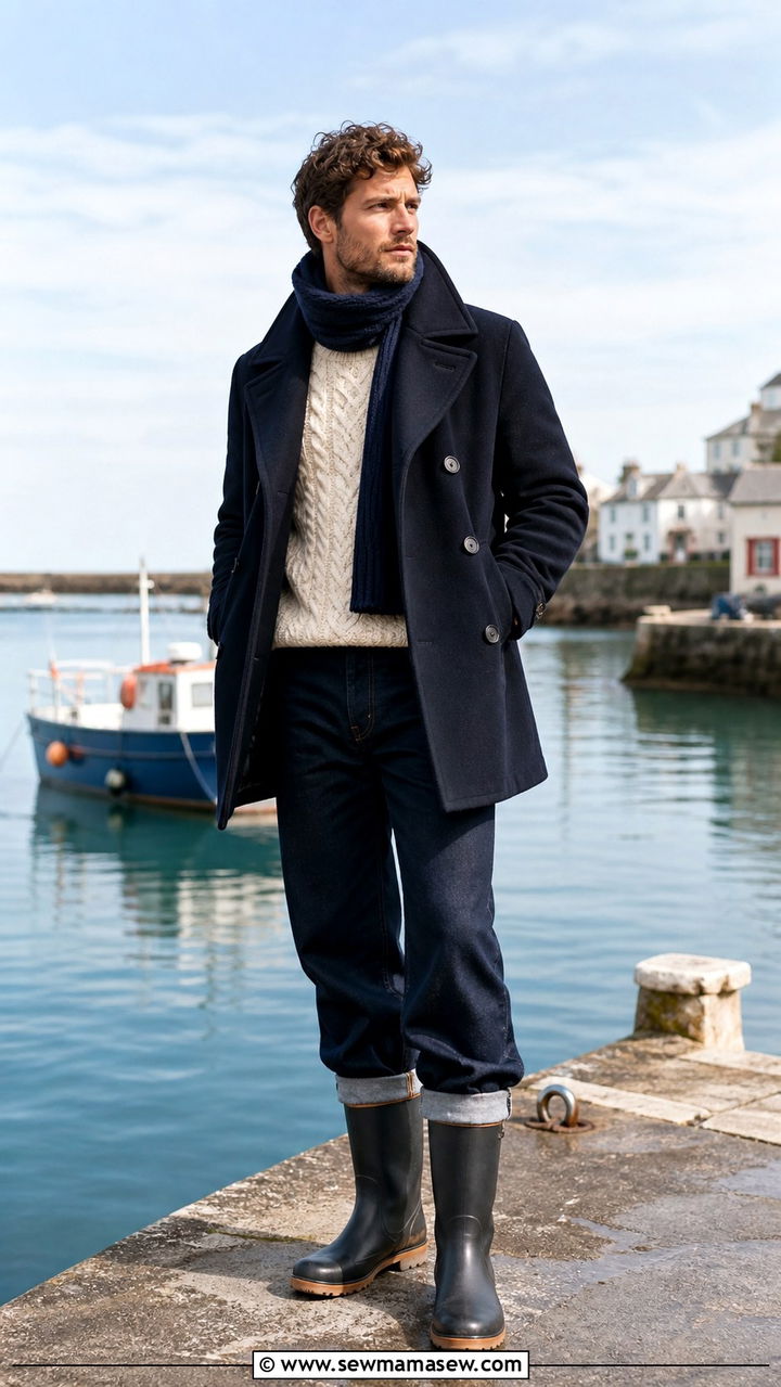 Wide Leg Jeans With Peacoat And Fisherman Sweater - 40 wide leg jeans outfit ideas