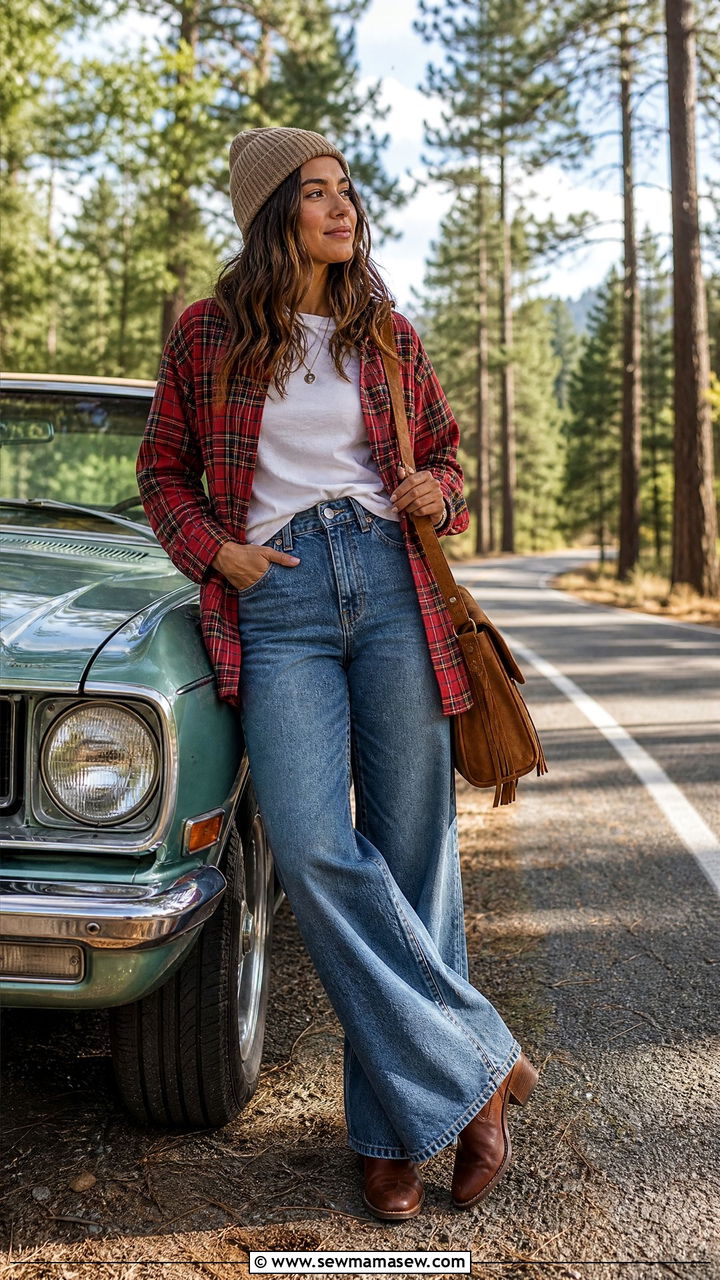 Wide Leg Jeans With Plaid Flannel Shirt Road Trip Outfit - 25 How to style wide leg jeans for travel