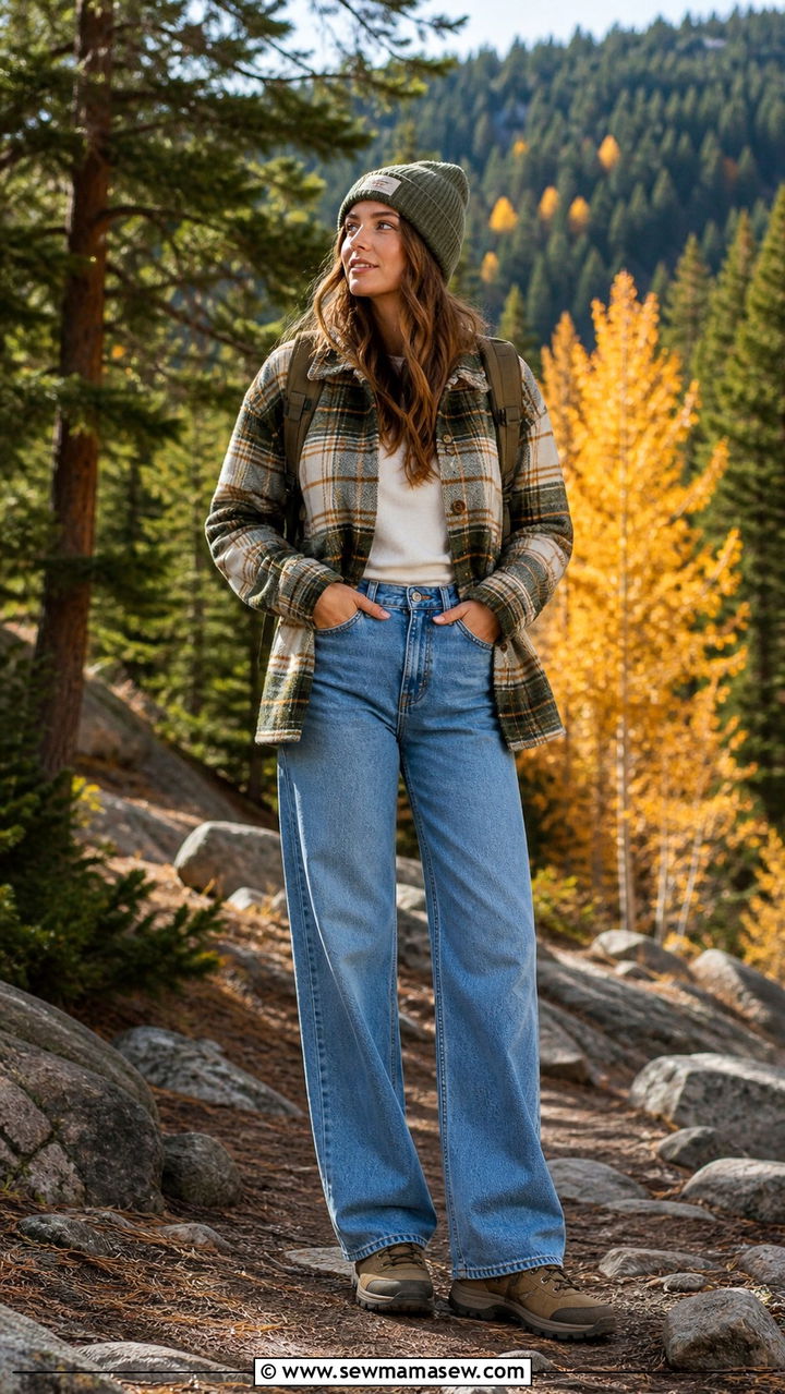 Wide Leg Jeans With Plaid Overshirt And Hiking Boots - 40 wide leg jeans outfit ideas