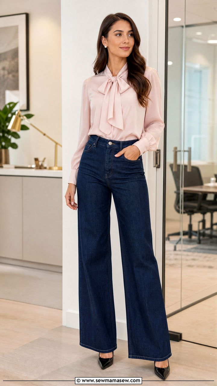 Wide Leg Jeans With Pussy Bow Blouse and Pointed Pumps Office Look - 25 How to style wide leg jeans for work