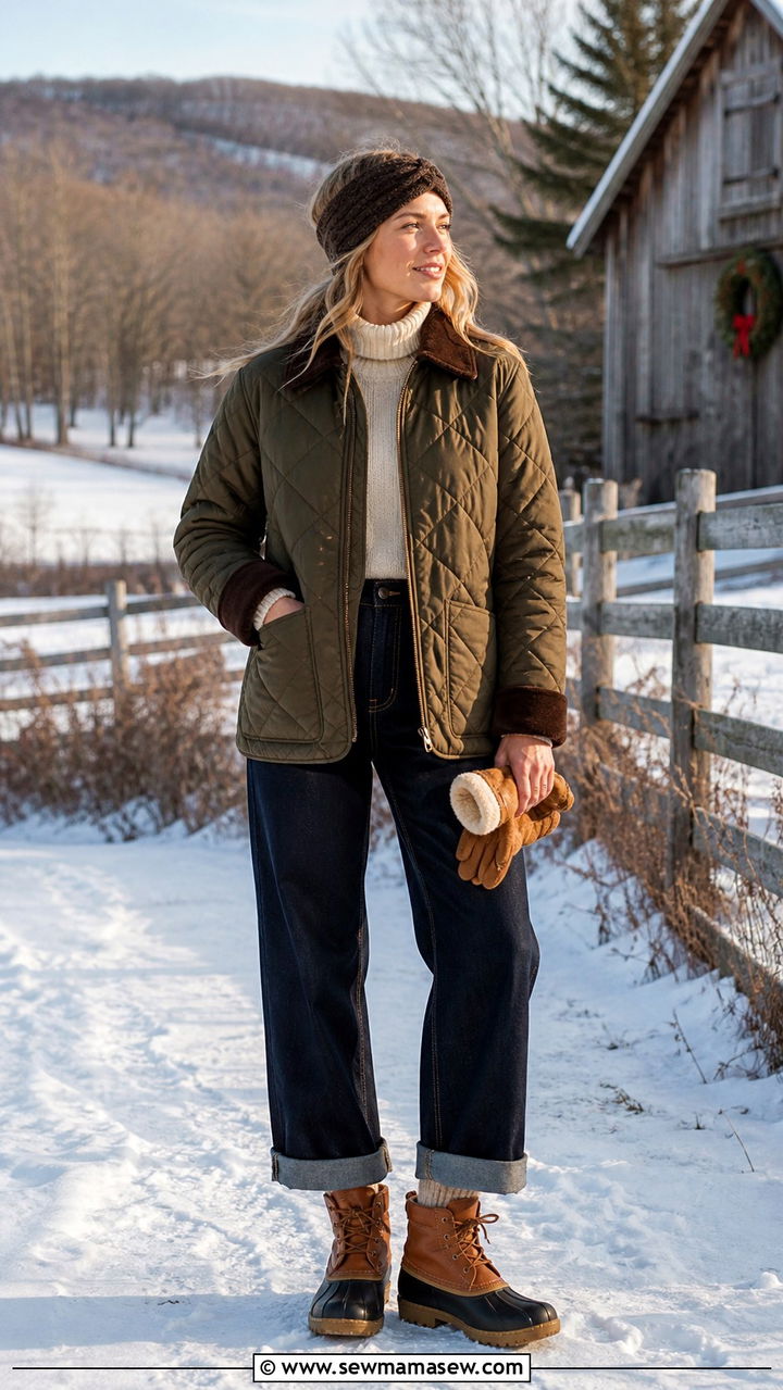 Wide Leg Jeans With Quilted Jacket And Bean Boots - 40 wide leg jeans outfit ideas
