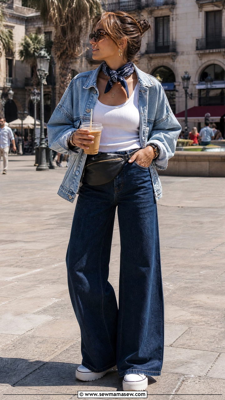 Wide Leg Jeans With Ribbed Tank And Denim Jacket Outfit - 25 How to style wide leg jeans for travel