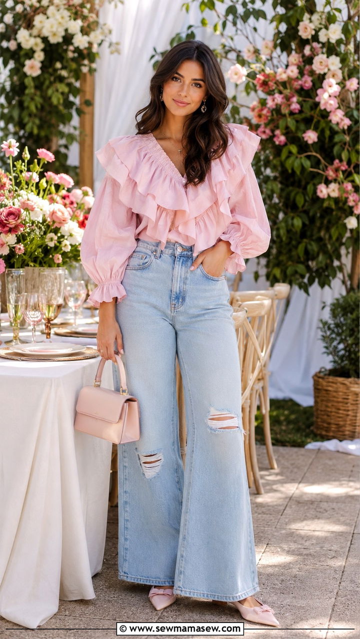 Wide Leg Jeans With Ruffled Blouse And Pointed Toe Flats - 25 wide leg jeans outfits 2026