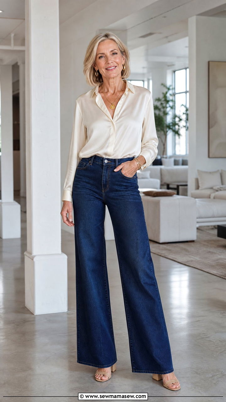Wide Leg Jeans With Silk Blouse And Block Heels - 35 Jeans outfit ideas for women over 50