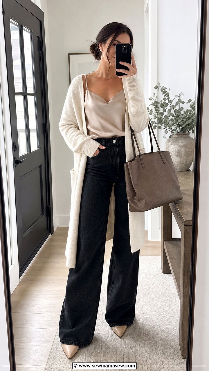 Wide Leg Jeans With Silk Cami And Cardigan Travel Outfit - 25 How to style wide leg jeans for travel