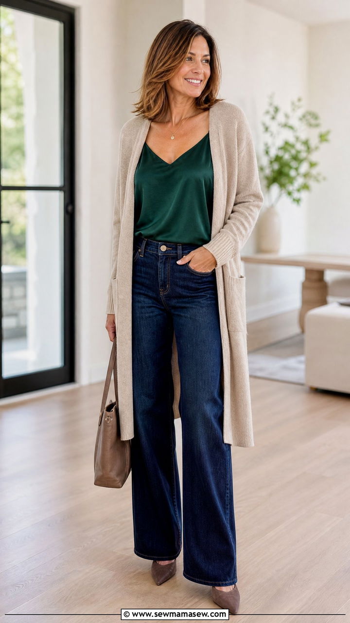 Wide Leg Jeans With Silk Cami And Long Cardigan - 35 jeans outfits for women over 40