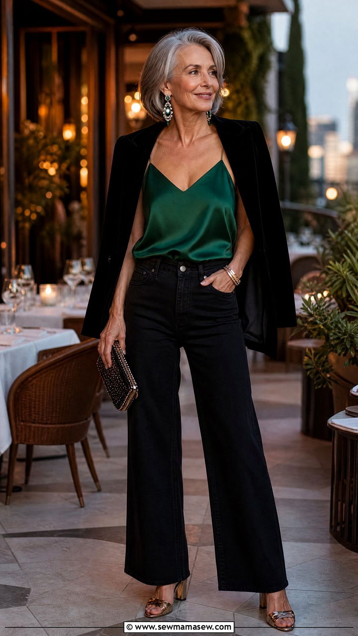 Wide Leg Jeans With Silk Camisole Evening Look - 20 How to style wide leg jeans over 60