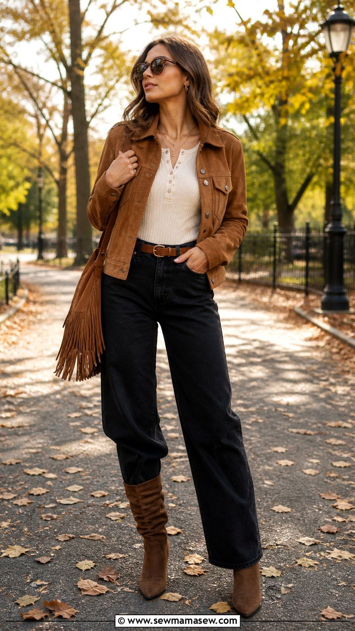 Wide Leg Jeans With Slouchy Boots And Suede Jacket - 40 wide leg jeans outfit ideas