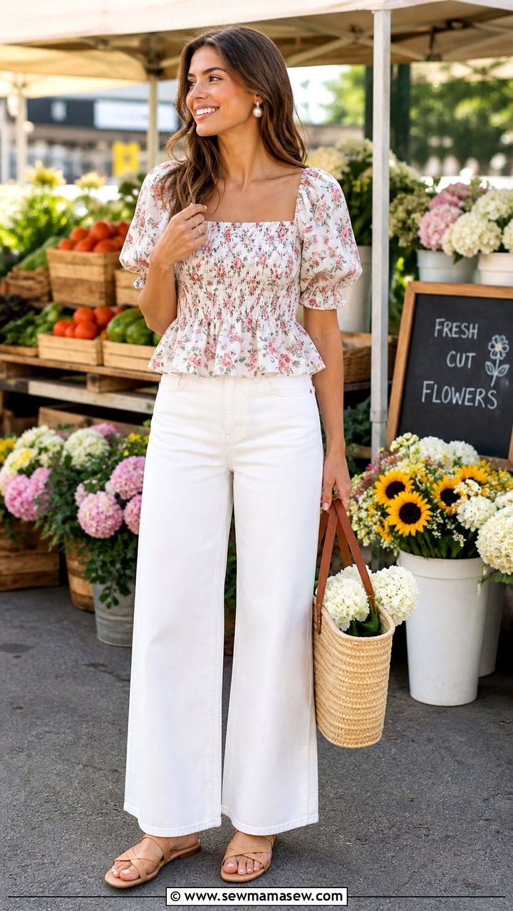 Wide Leg Jeans With Smocked Top And Basket Bag - 40 wide leg jeans outfit ideas