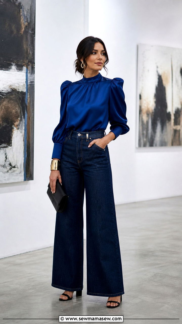 Wide Leg Jeans With Statement Puff Sleeve Blouse - 40 wide leg jeans outfits