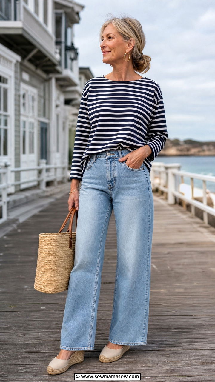 Wide Leg Jeans With Striped Breton Top and Espadrilles - 20 How to style wide leg jeans over 60