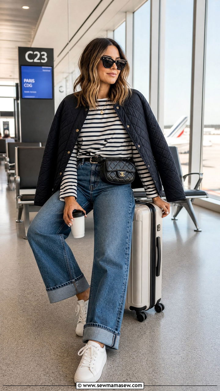 Wide Leg Jeans With Striped Long Sleeve Tee Airport Outfit - 25 How to style wide leg jeans for travel