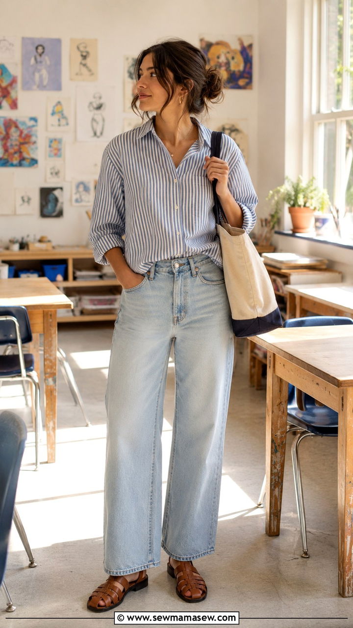 Wide Leg Jeans With Striped Oxford Shirt And Fisherman Sandals - 30 Teacher outfits with jeans