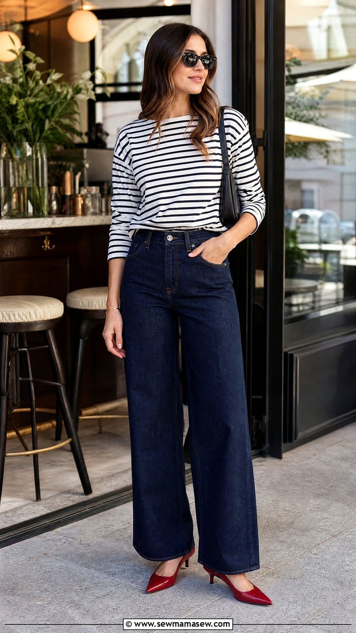 Wide Leg Jeans With Striped Top and Red Kitten Heels Work Outfit - 25 How to style wide leg jeans for work