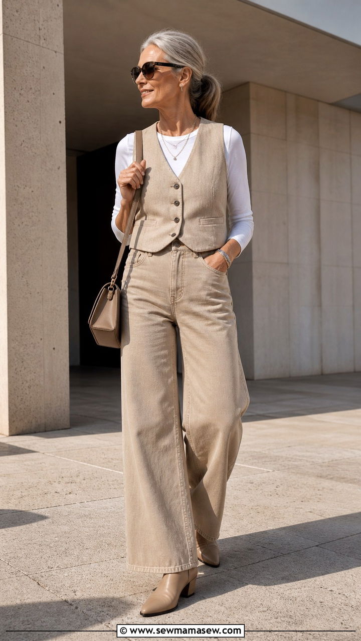Wide Leg Jeans With Tailored Vest Outfit - 20 How to style wide leg jeans over 60