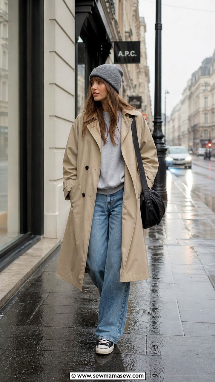Wide Leg Jeans With Trench Coat And Converse Sneakers - 40 wide leg jeans outfit ideas