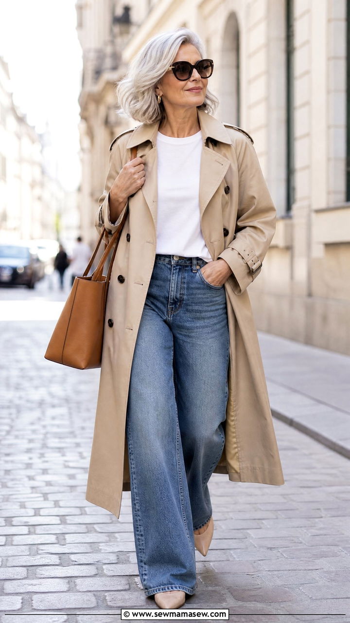 Wide Leg Jeans With Trench Coat Outfit Over 60 - 20 How to style wide leg jeans over 60