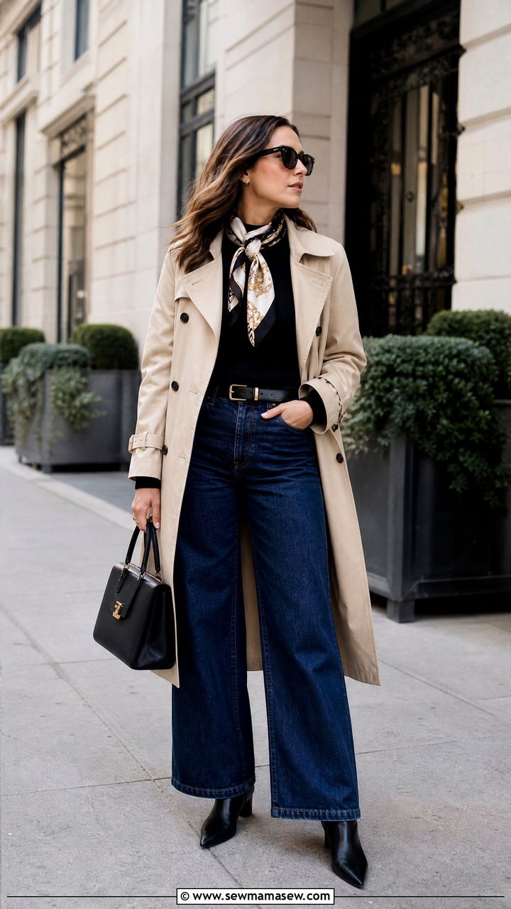 Wide Leg Jeans With Trench Coat Travel Outfit - 25 How to style wide leg jeans for travel