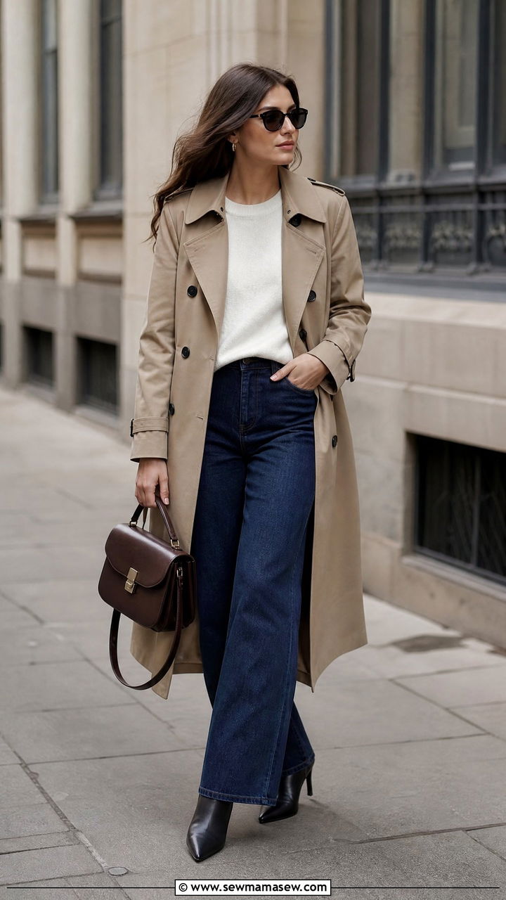 Wide Leg Jeans With Trench Coat and Heeled Boots Office Look - 25 How to style wide leg jeans for work