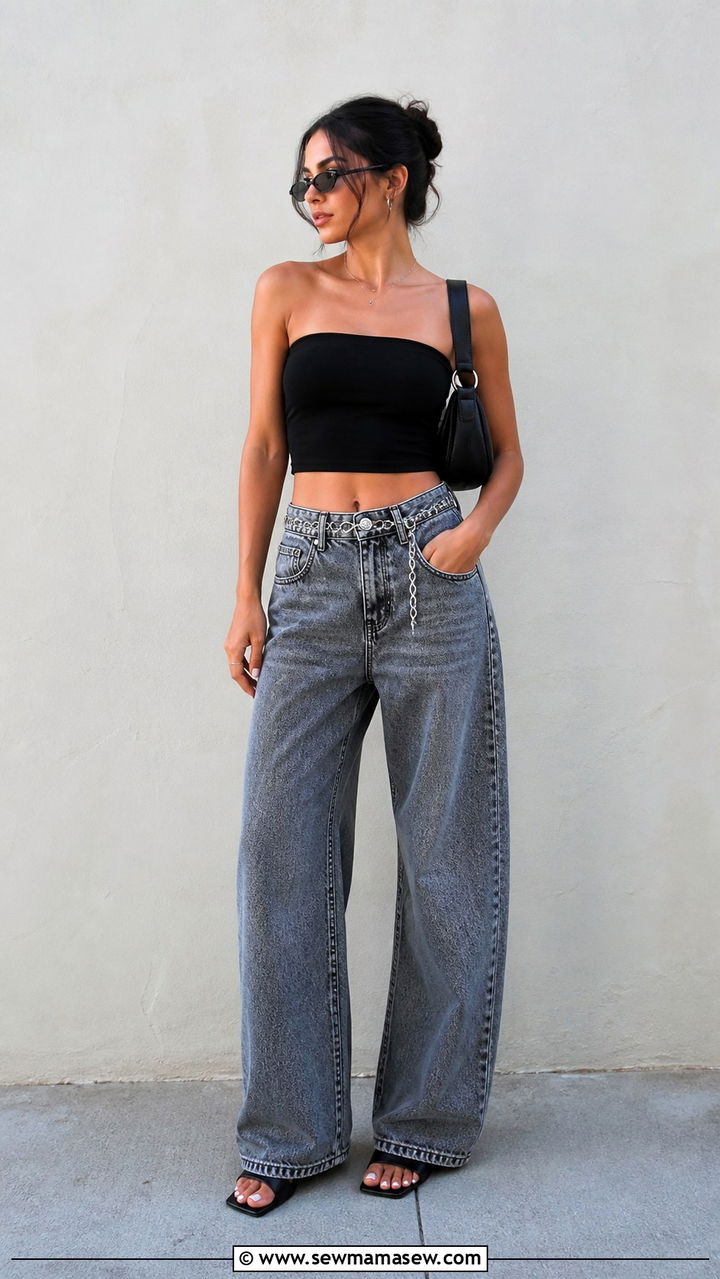 Wide Leg Jeans With Tube Top And Open Toe Mules - 40 wide leg jeans outfit ideas