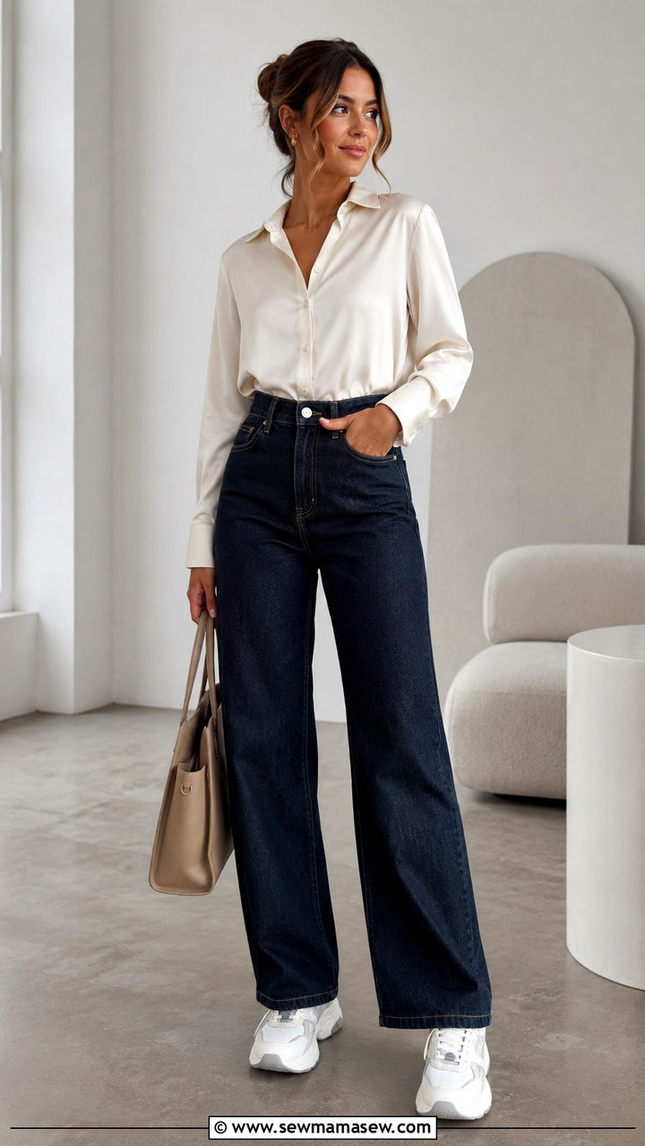 Wide Leg Jeans With Tucked In Blouse And Chunky Sneakers - 25 Work outfits with sneakers and jeans
