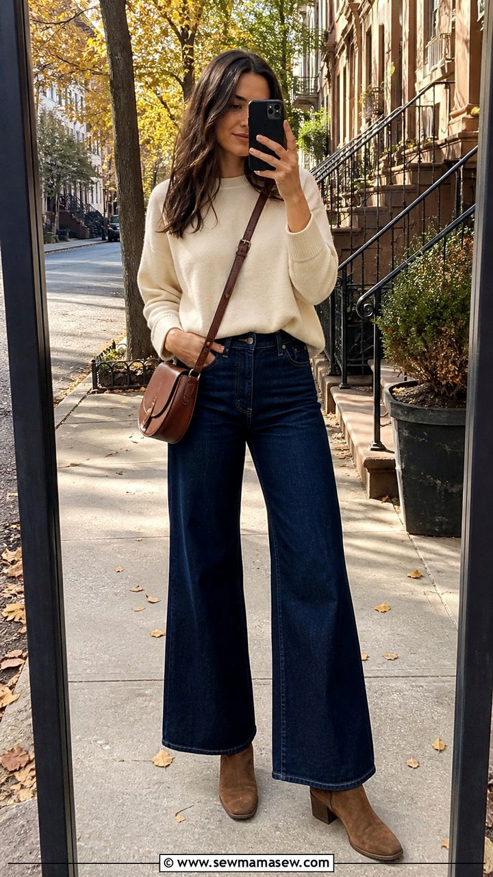 Wide Leg Jeans With Tucked Sweater Outfit - 40 jeans outfits for women