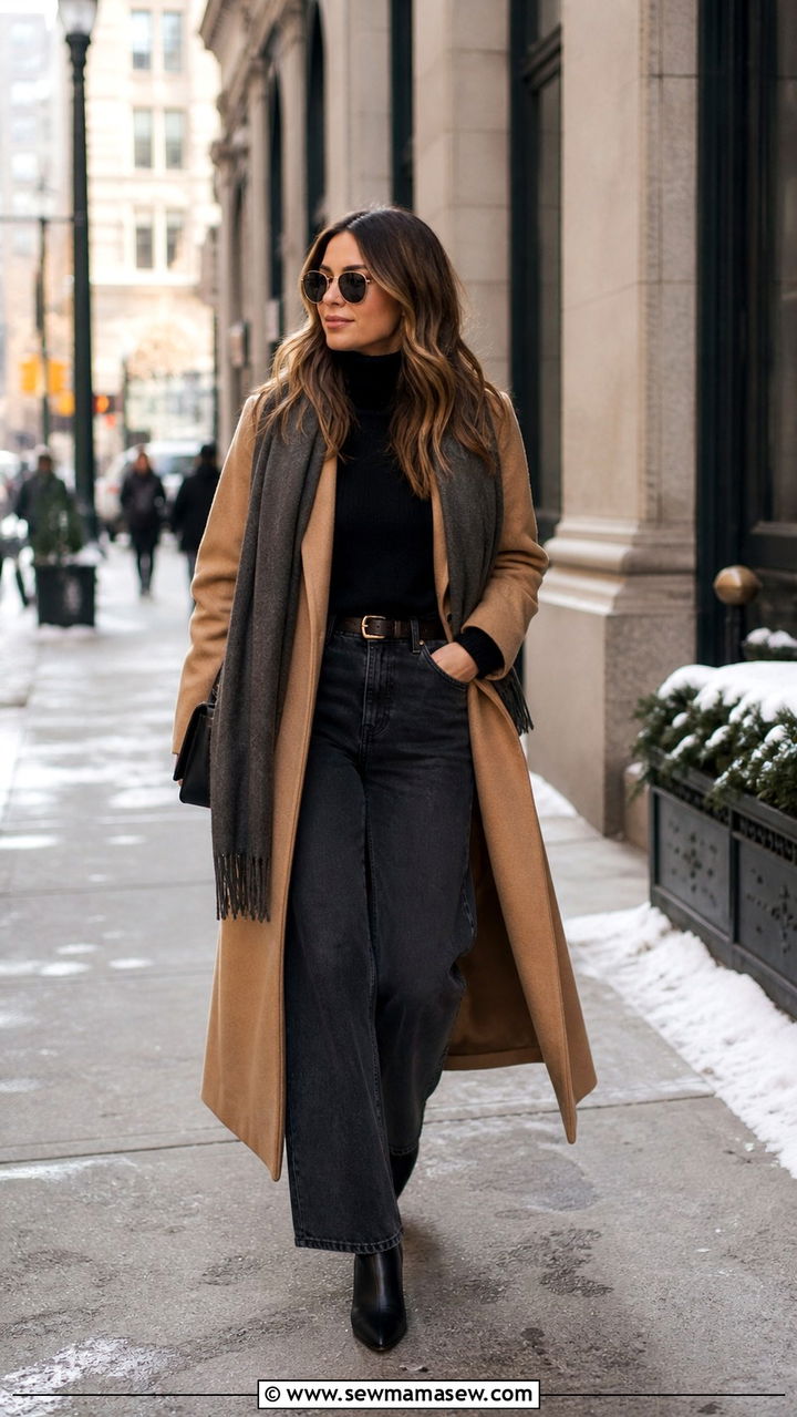 Wide Leg Jeans With Turtleneck And Long Wool Coat - 40 wide leg jeans outfit ideas