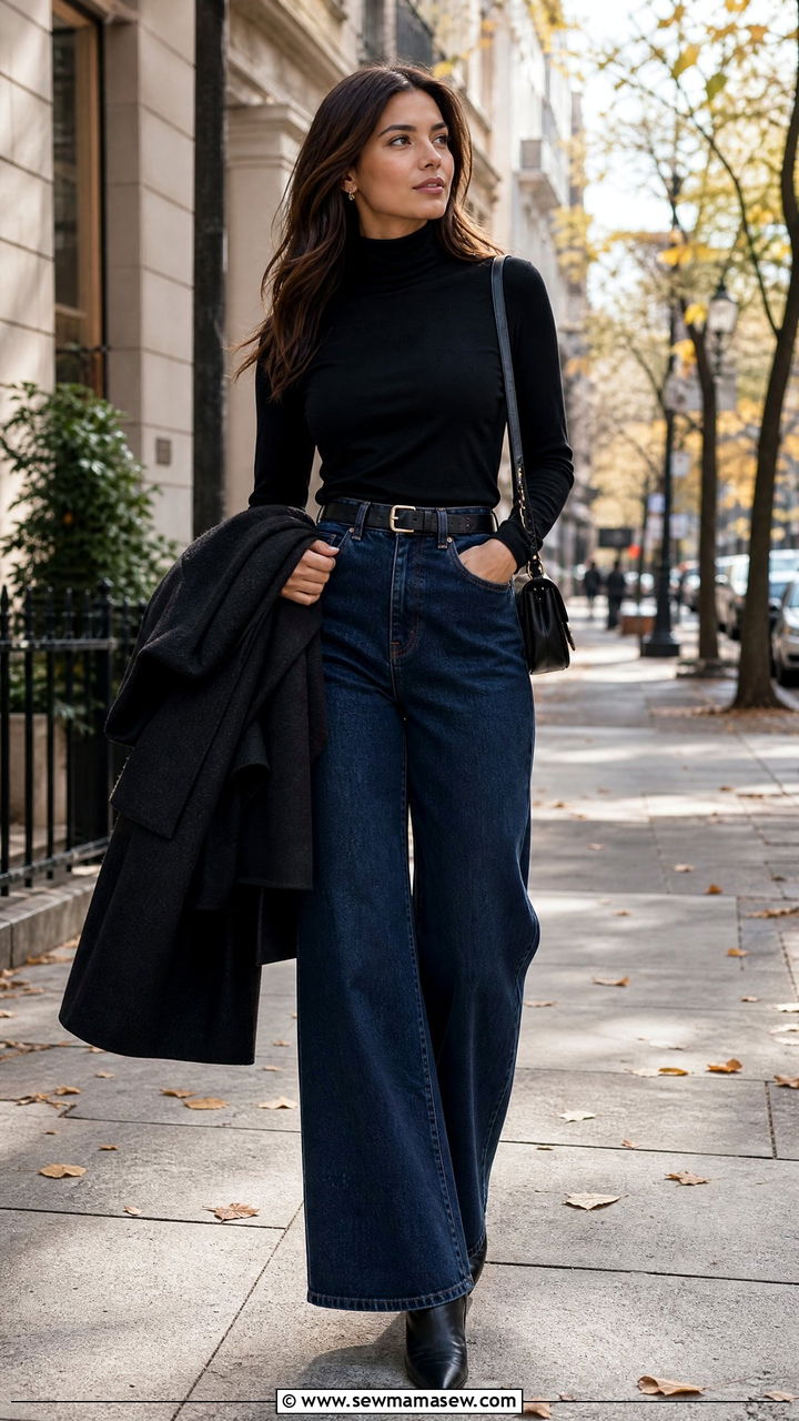 Wide Leg Jeans With Turtleneck and Ankle Boots for the Office - 25 How to style wide leg jeans for work