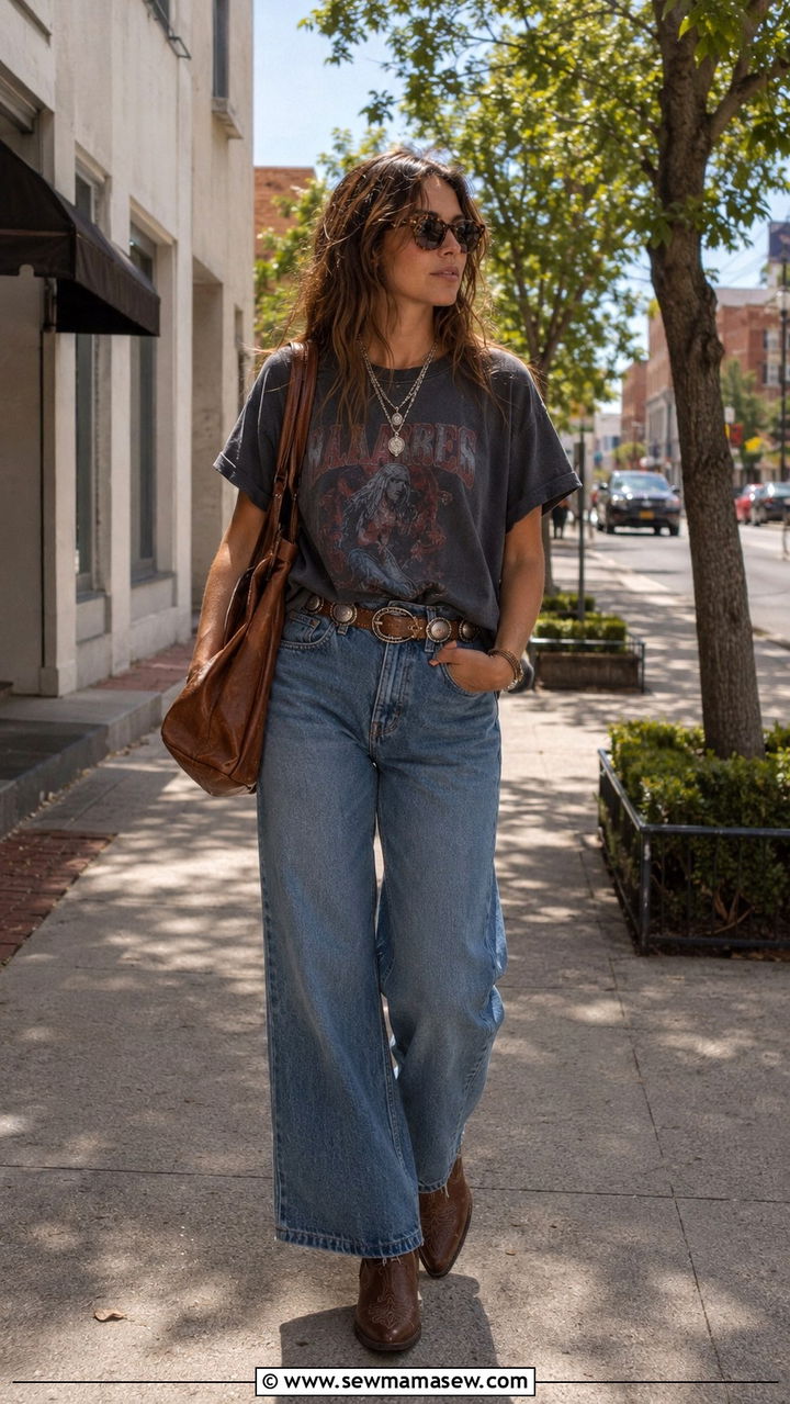 Wide Leg Jeans With Vintage Band Tee And Cowboy Boots - 25 Boho outfit ideas with cowboy boots
