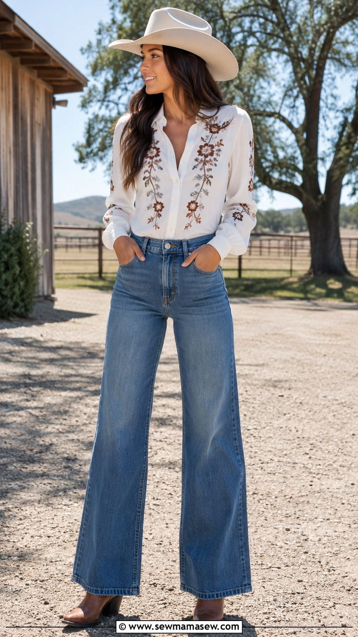 Wide Leg Jeans With Western Blouse and Hat - 25 Western outfit ideas with hat