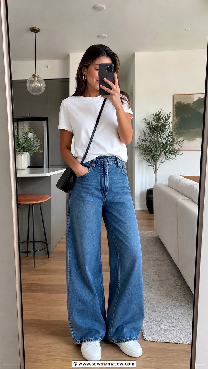 Wide Leg Jeans With White Tee And Sneakers - 30 classy wide leg pants outfits