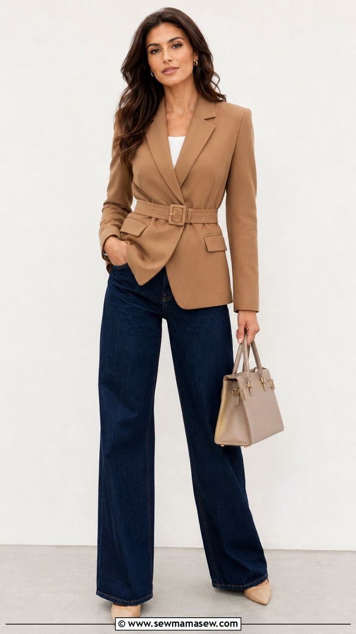Wide Leg Jeans With a Belted Blazer and Pointed Pumps - 25 Wide leg jeans outfit ideas with a blazer