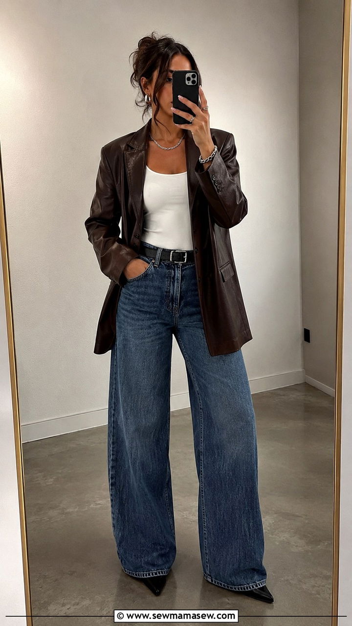 Wide Leg Jeans With a Brown Leather Blazer - 25 Wide leg jeans outfit ideas with a blazer