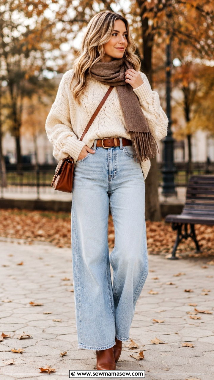 Wide Leg Jeans With a Chunky Knit Sweater - 25 Wide leg jeans outfit ideas with a sweater