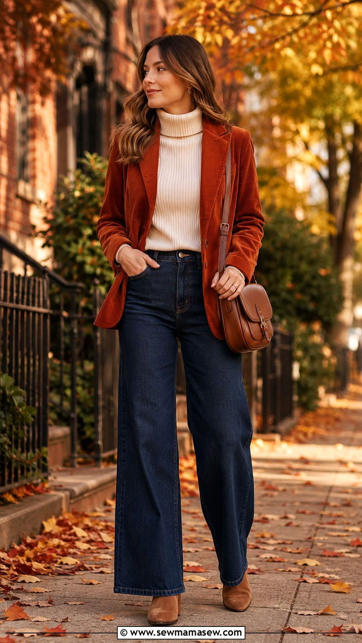 Wide Leg Jeans With a Corduroy Blazer and Turtleneck - 25 Wide leg jeans outfit ideas with a blazer