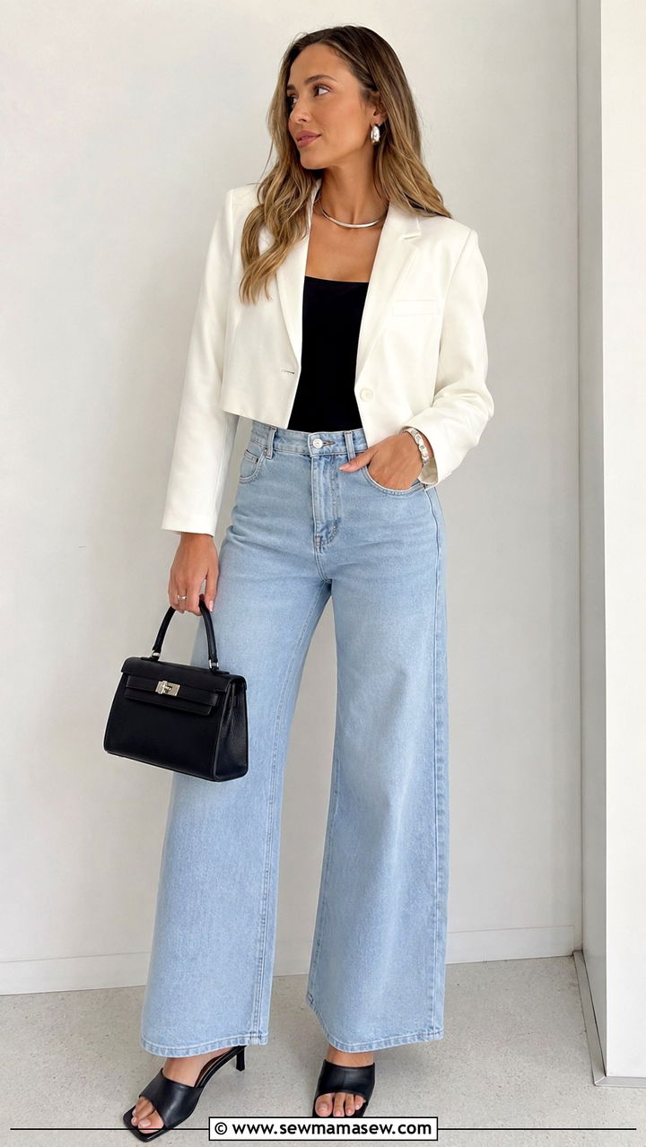 Wide Leg Jeans With a Cropped White Blazer and Mules - 25 Wide leg jeans outfit ideas with a blazer